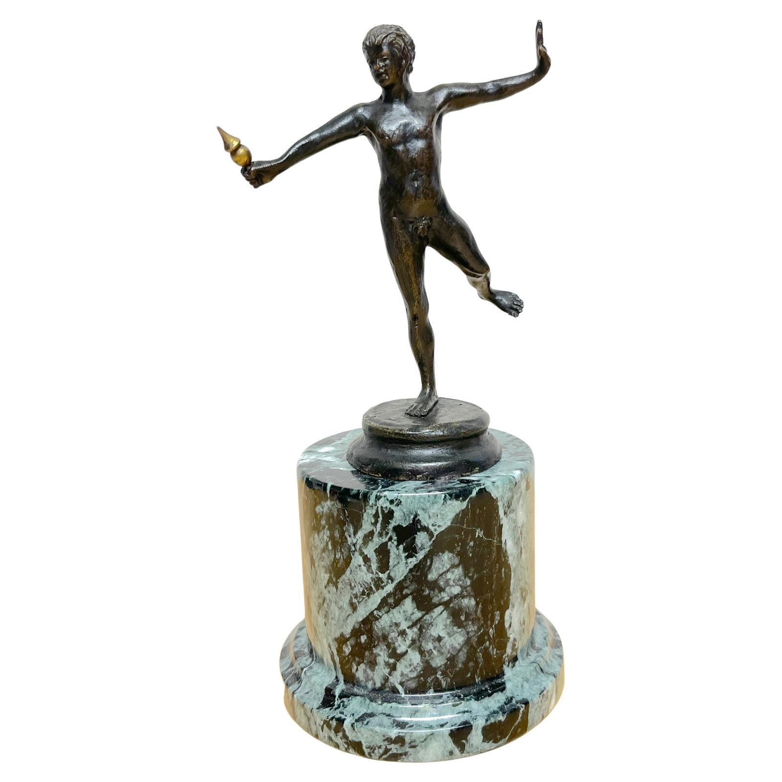 Grand Tour Bronze Balancing Faun Sculpture on Marble Pedestal Set of 2: Grand Tour Bronze Balancing Faun Sculpture on Marble Pedestal Set of 2 This exquisite Diminutive Grand Tour bronze sculpture, titled 'Balancing Faun,' features a remarkable depiction of a nude faun po