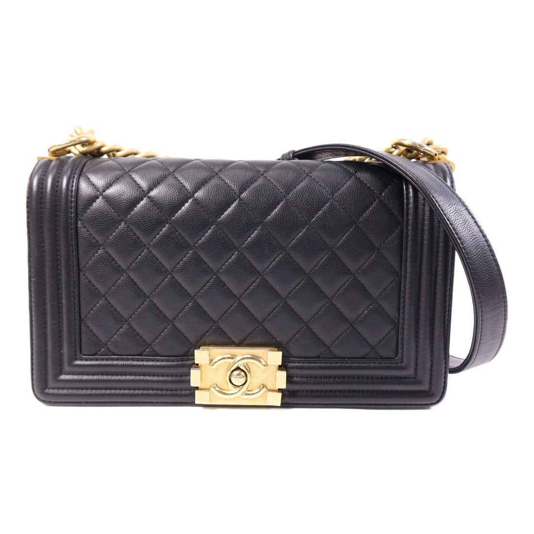 Black Calfskin Boy Shoulder Bag by CHANEL with CC and Gold Hardware: Black Calfskin Boy Shoulder Bag by CHANEL with CC and Gold Hardware This CHANEL CC Boy 25 shoulder bag features a classic black calfskin leather exterior with a chain strap. Crafted in France, it offe