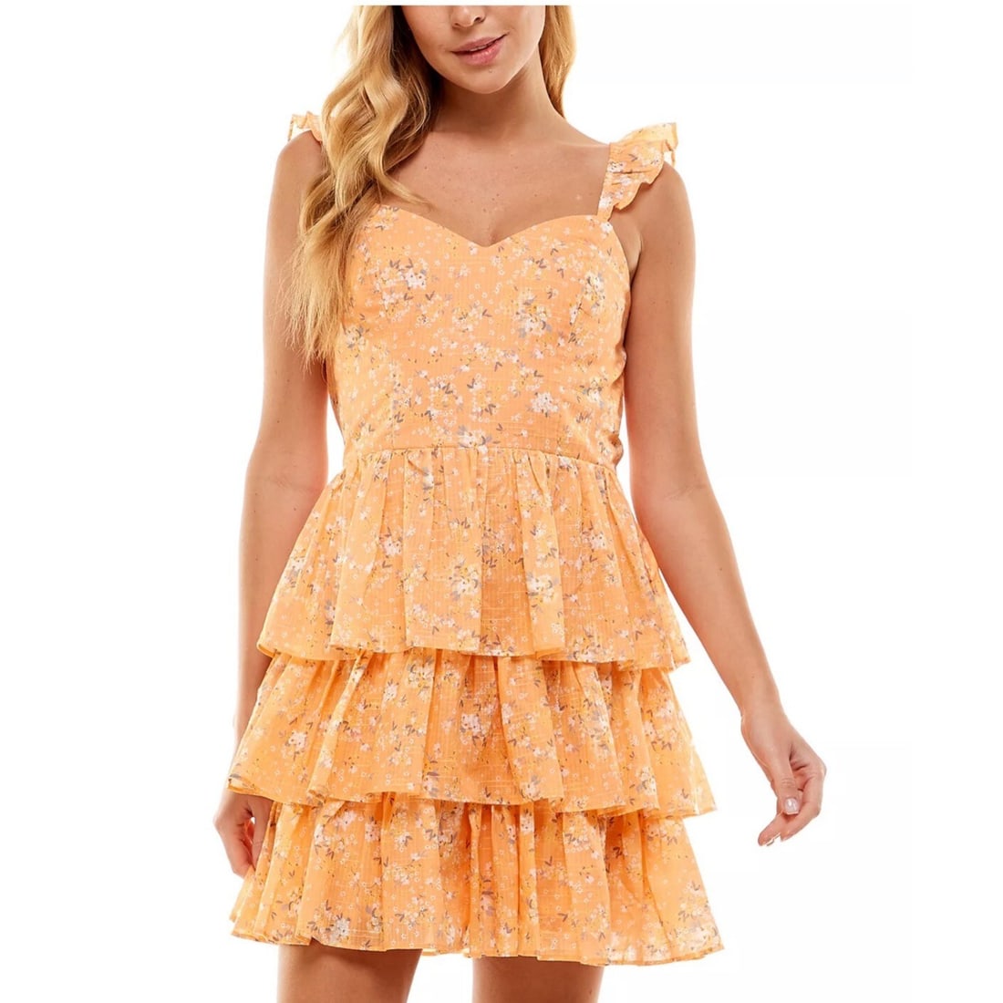 CITY STUDIOS Floral Ruffle-Strap Tiered Dress in Orange XL (1 of 3)