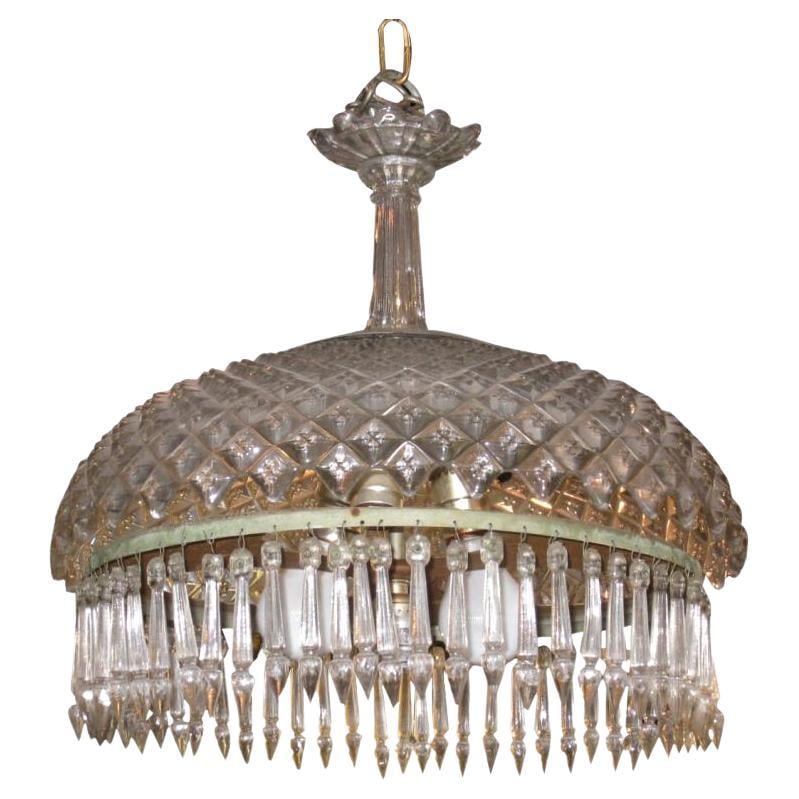 Mid-Century Modern Molded Glass Hanging Chandelier with Pendants: Mid-Century Modern Molded Glass Hanging Chandelier with Pendants This unique vintage chandelier features a molded glass shade and a hanging stem, embodying the Baccarat style. It is designed in the Mi