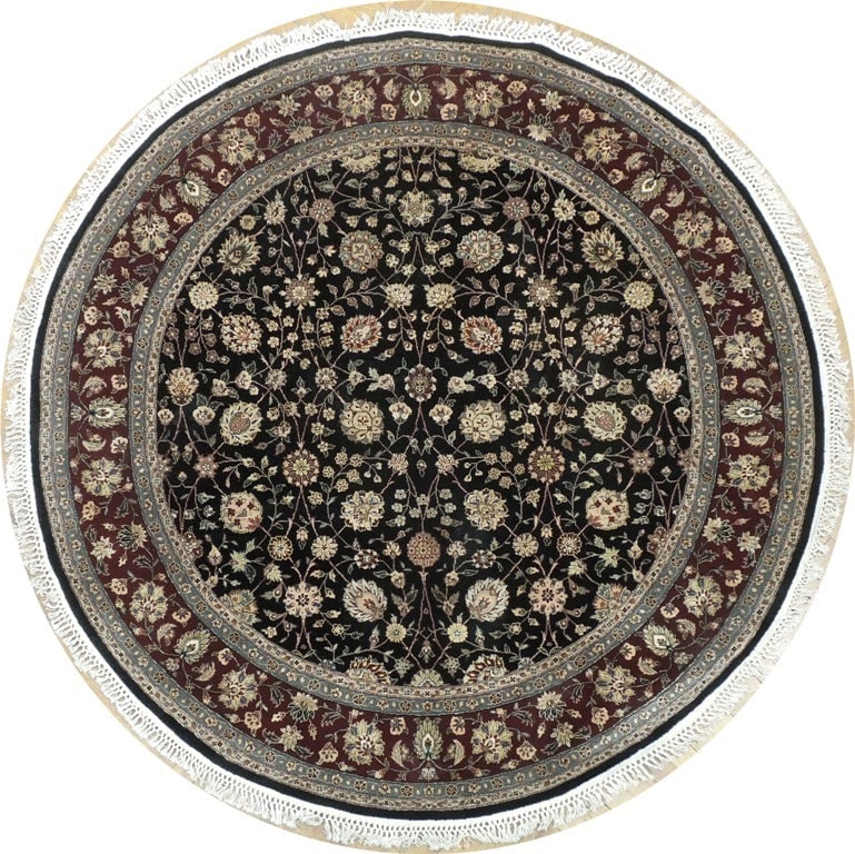 6' x 6'2" Black Hand-Knotted Wool Silk Round Area Rug: 6' x 6'2" Black Hand-Knotted Wool Silk Round Area Rug Free continental US Shipping Transform your living space with this exquisite 6' x 6' Black Fine Quality Wool & Silk Round Rug. Handcrafted in Chin