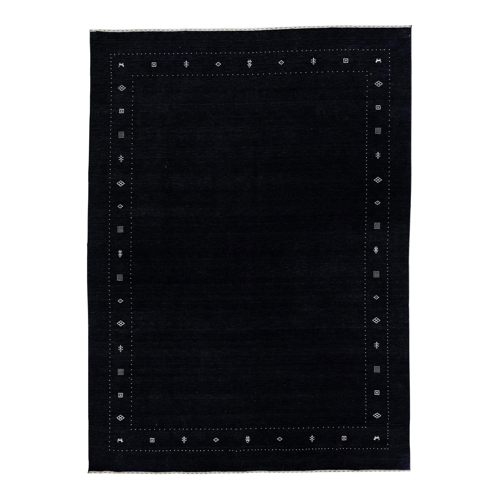 Handmade Modern Gabbeh Wool Rug Black Field 10'1 x 13'10: Handmade Modern Gabbeh Wool Rug Black Field 10'1 x 13'10 Enhance your living space with this exquisite handmade Gabbeh-style wool rug. Featuring a striking black color field complemented by a minimali