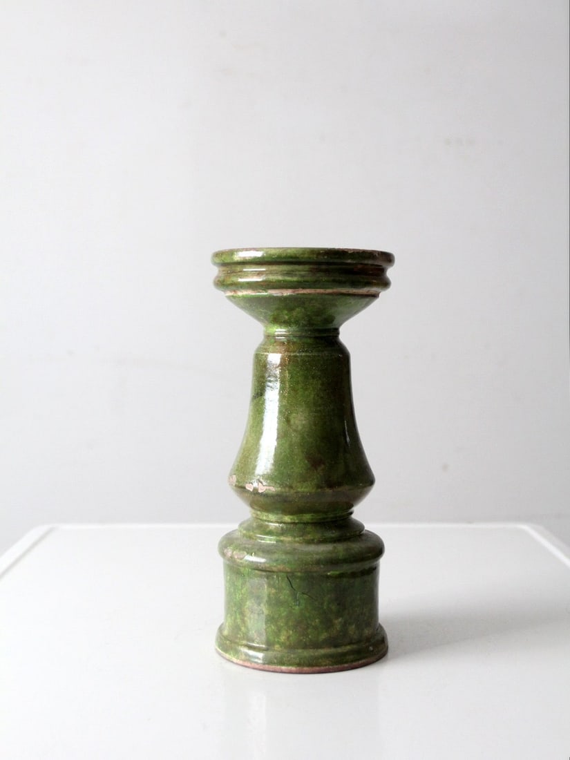 Green Glazed Studio Pottery Candle Stand with Sculpted Silhouette 12in (1 of 11)