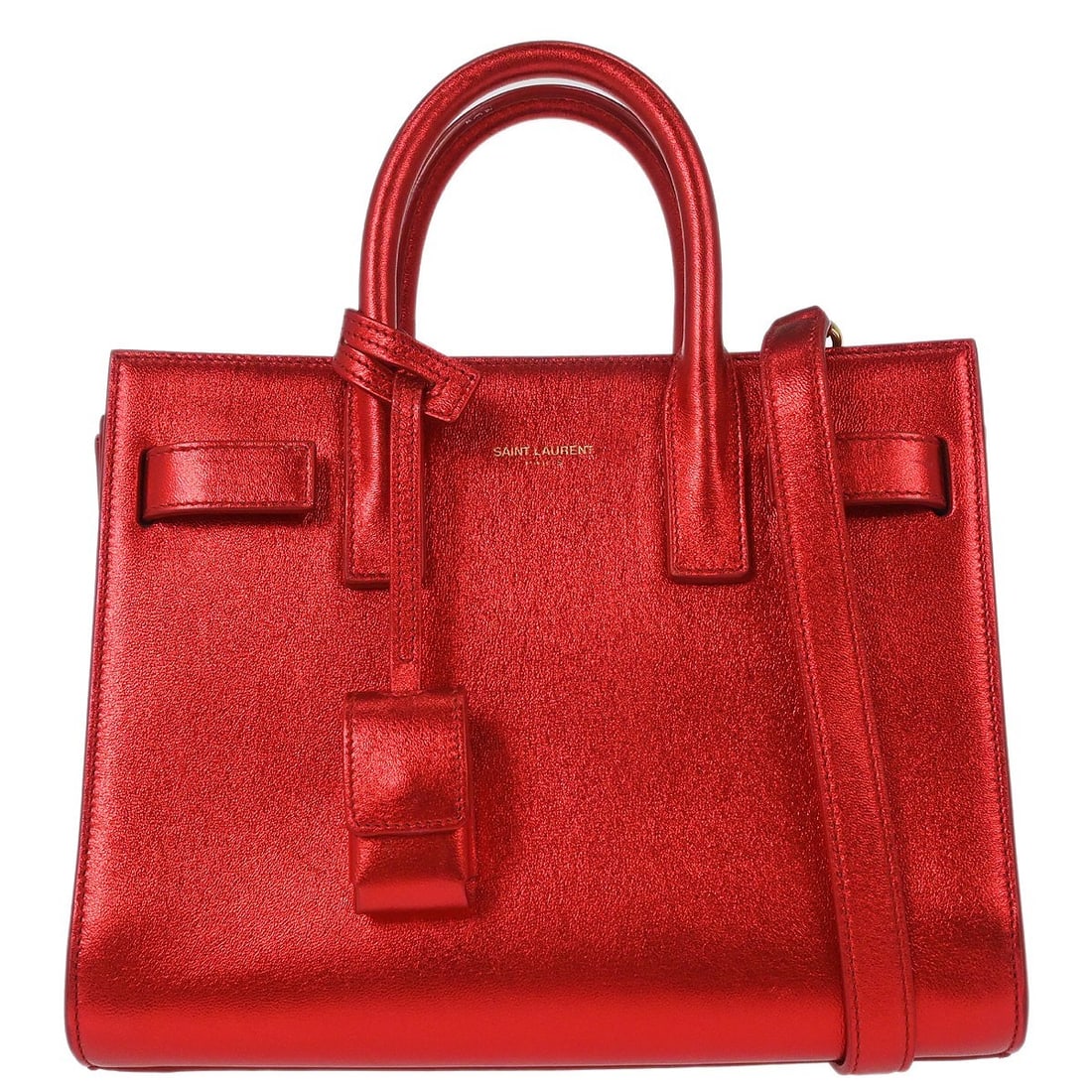 Metallic Red Leather Sac de Jour Small Double Handle Bag by Saint Laurent: Metallic Red Leather Sac de Jour Small Double Handle Bag by Saint Laurent This Saint Laurent Metallic Red Sac de Jour handbag features a sleek, compact silhouette crafted from leather with metallic re