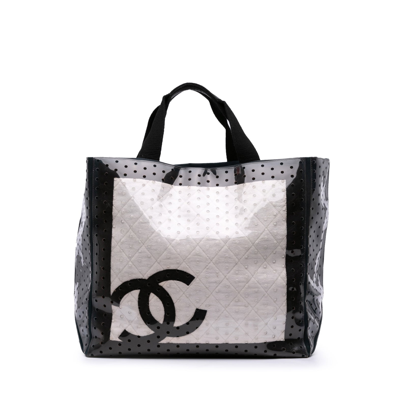 Chanel CC Quilted Cotton PVC Punching Tote White Italy: Chanel CC Quilted Cotton PVC Punching Tote White Italy The Chanel CC Quilted Cotton and PVC Punching Tote is a stylish accessory combining elegance with practicality. This tote features a durable cott