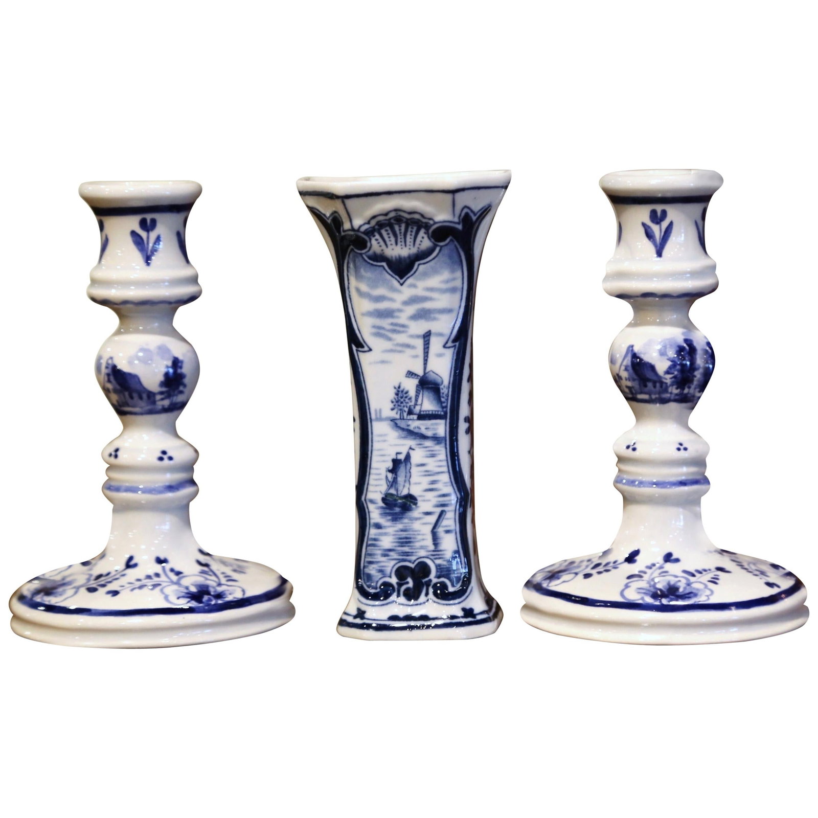 Vintage Delft Faience Set of 3 Candlesticks and Vase Hand-Painted (1 of 10)