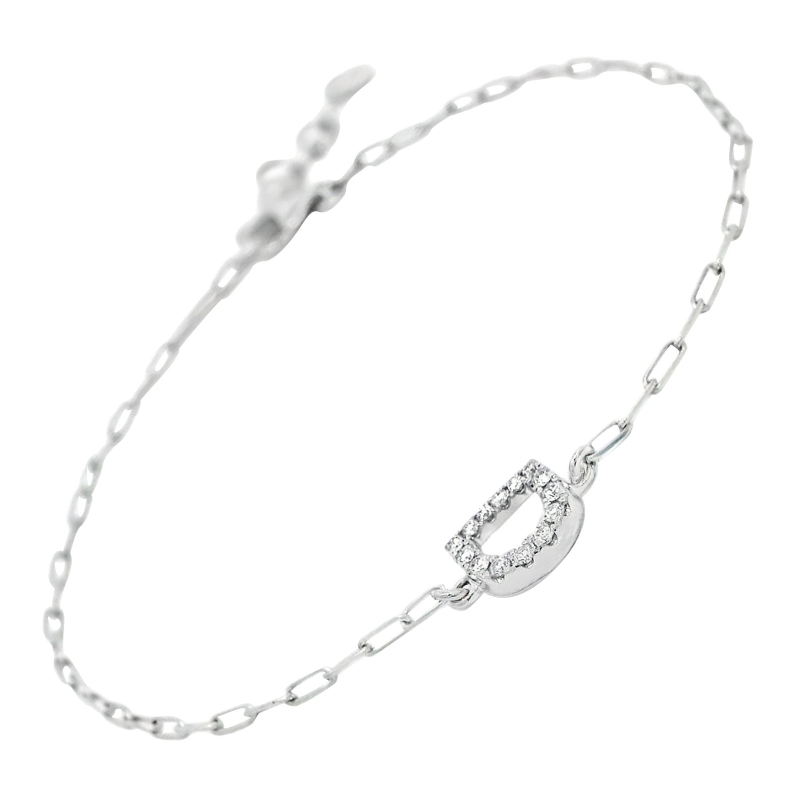 Diamond D Charm Bracelet 18k White Gold GIA Appraisal: Diamond D Charm Bracelet 18k White Gold GIA Appraisal This exquisite Diamond "D" Charm Bracelet is crafted from 18k white gold, showcasing a contemporary design. The bracelet features 14 natural round