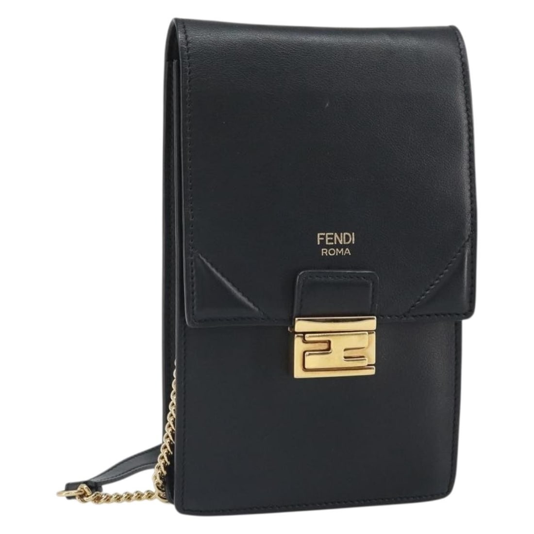 Fendi Black Leather Shoulder Bag with Gold Chain Strap and Dust Bag: Fendi Black Leather Shoulder Bag with Gold Chain Strap and Dust Bag This FENDI chain shoulder bag features a sleek black leather exterior with gold-tone accents. Designed for women, it offers a compac