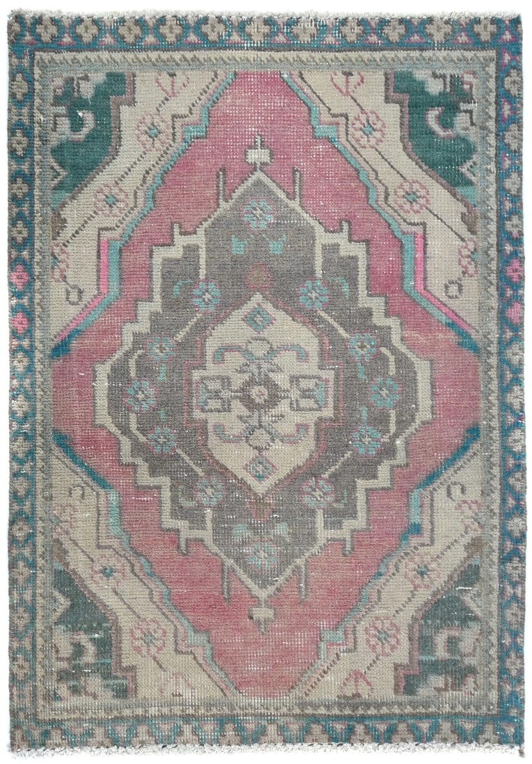 Vintage Hand-Knotted Oriental Rug 1'9 x 2'4 Red Floral Design: Vintage Hand-Knotted Oriental Rug 1'9 x 2'4 Red Floral Design This semi-antique distressed Oriental rug features a captivating muted red floral design, offering a perfect blend of vintage charm and mo