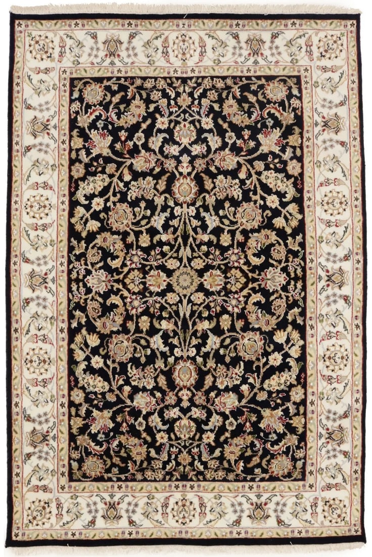 Hand-Knotted Wool and Silk Indo-Nain Rug 4'1 x 6'0 Modern Floral Design: Hand-Knotted Wool and Silk Indo-Nain Rug 4'1 x 6'0 Modern Floral Design This rare Indo-Nain oriental rug is a handmade area carpet featuring a classic floral and geometric pattern in dark navy, cream,