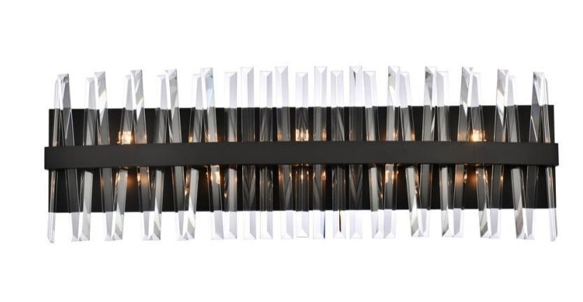 Serephina 10 Light Modern Black Crystal Wall Sconce 36 Inch Vanity Fixture: Serephina 10 Light Modern Black Crystal Wall Sconce 36 Inch Vanity Fixture This modern wall sconce features a sleek black finish and a rectangular design adorned with clear crystal accents. Measuring 