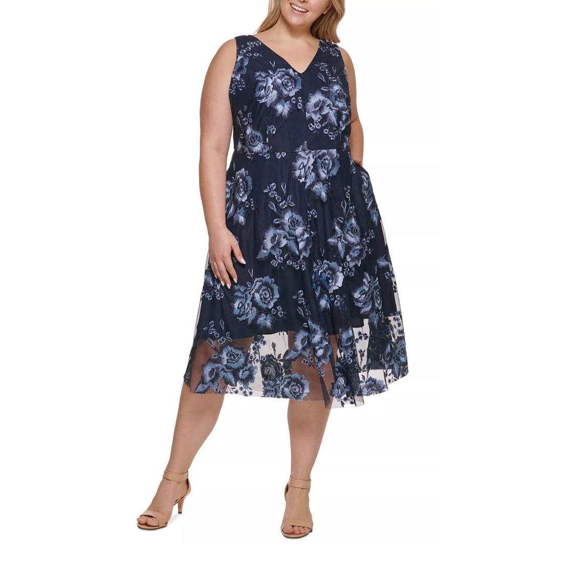 Vince Camuto Plus Size Blue Embroidered Mesh Midi Dress 20W (1 of 4)