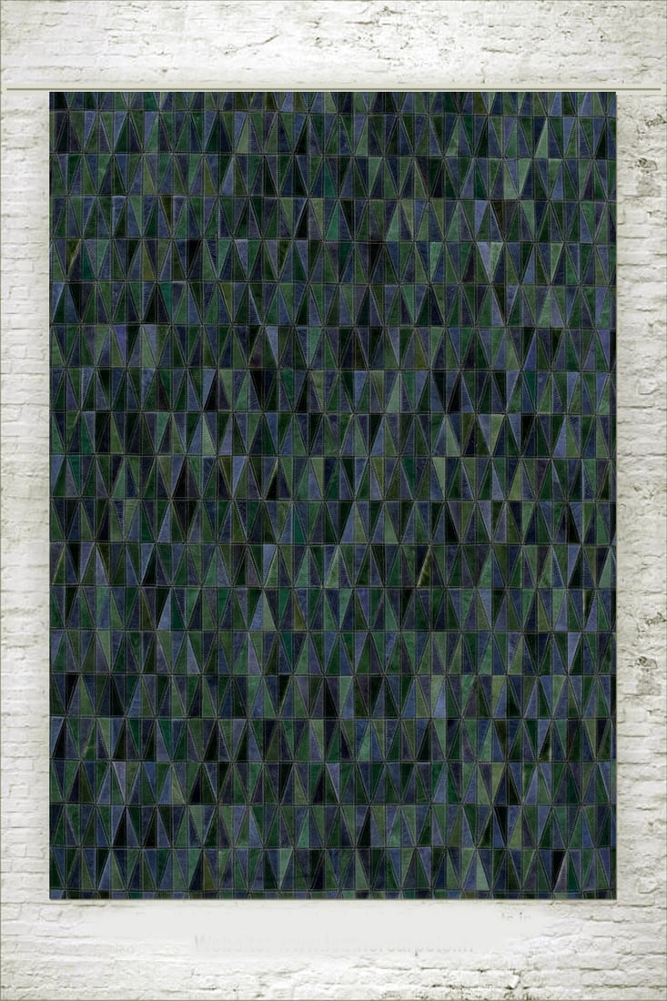 Hand Stitched Geometric Cowhide Leather Carpet Forest Green Deep Indigo 3FT x 5FT (1 of 1)