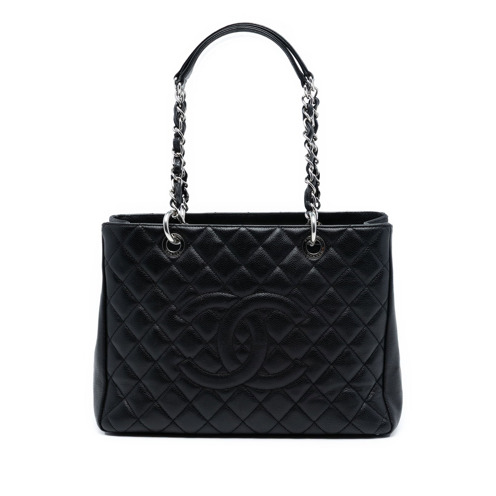 Black Chanel Grand Shopping Tote Quilted Caviar Leather Shoulder Bag: Black Chanel Grand Shopping Tote Quilted Caviar Leather Shoulder Bag This Chanel Grand Shopping Tote is crafted from black quilted caviar leather and features leather-woven chain shoulder straps with