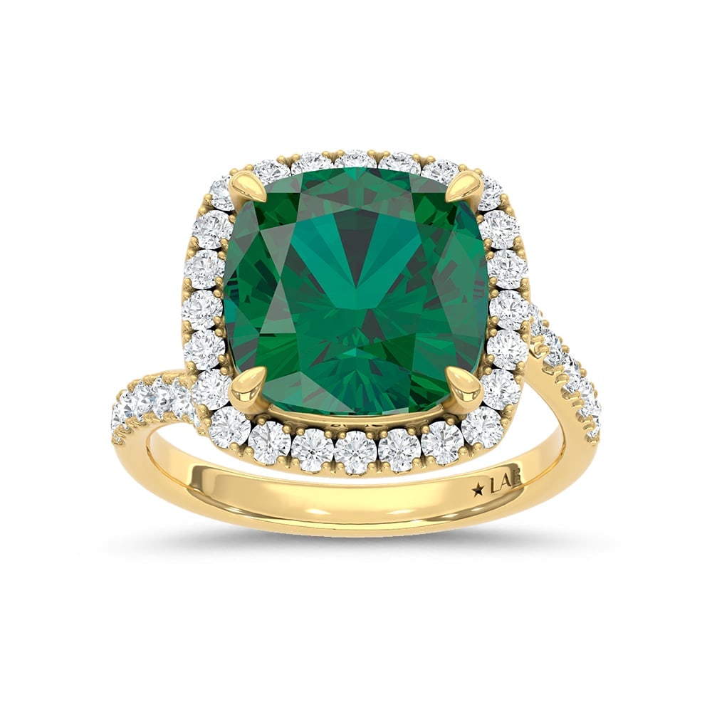 14K Yellow Gold Lab Grown Diamond 5 1/2 Ct.Tw. Cushion Shape Recrystalized Emerald Engagement Ring: 14K Yellow Gold Lab Grown Diamond 5 1/2 Ct.Tw. Cushion Shape Recrystalized Emerald Engagement Ring (Center 4 3/4 ct) Radiate timeless elegance with this 14K yellow gold engagement ring. The centerpiec