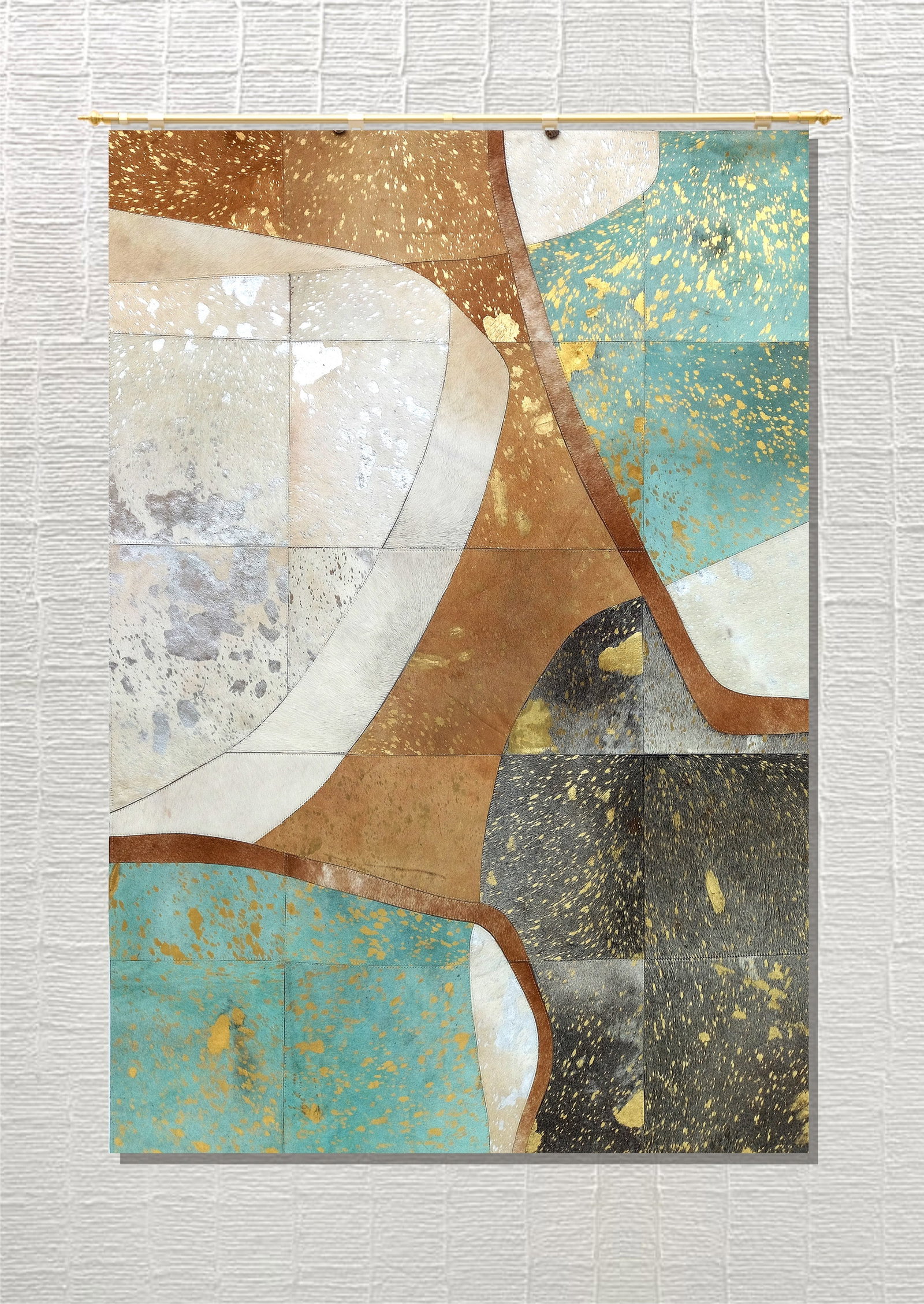 Handmade Abstract Cowhide Leather Rug Cerulean Copper Metallic Patchwork 3ft x 5ft (1 of 1)