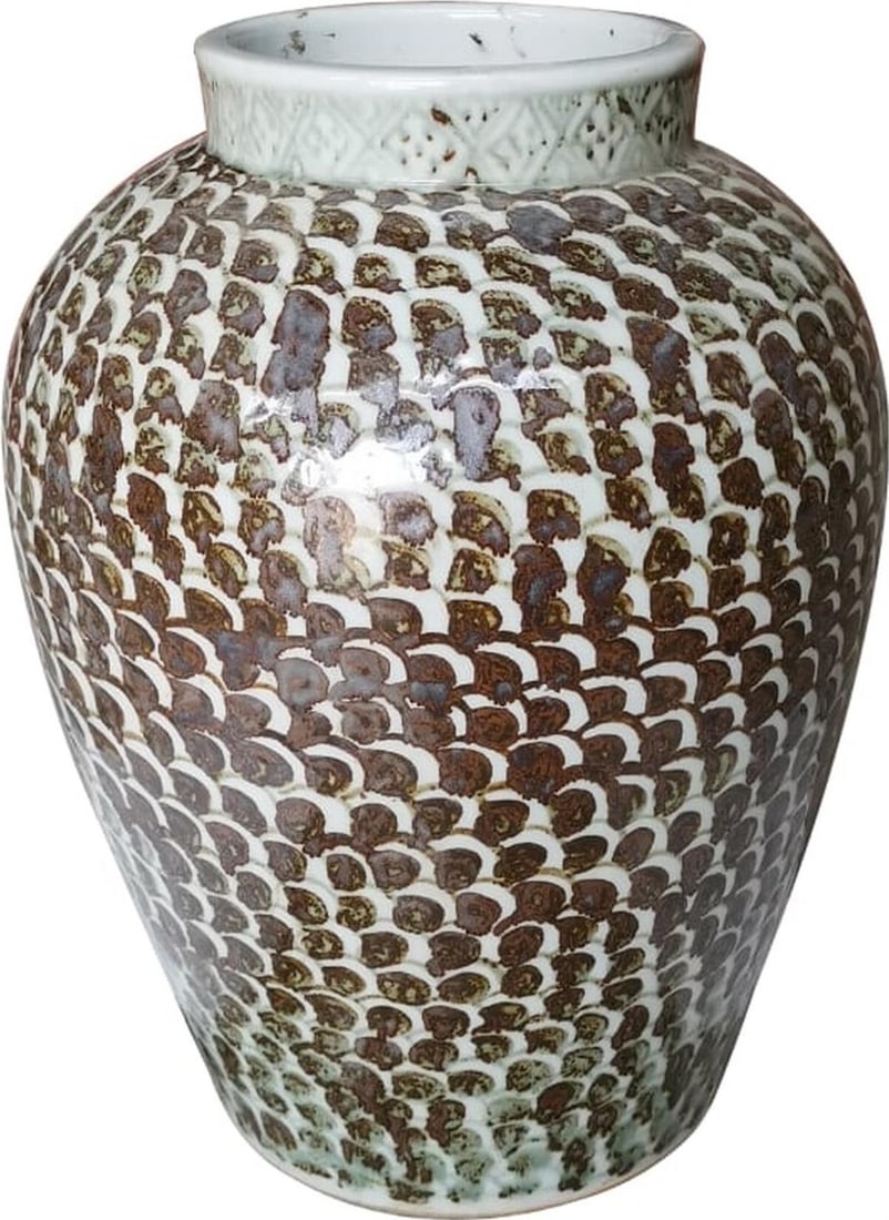 Handmade Chinese Style Rust Brown Ceramic Fish Scale Jar 17.5H (1 of 1)