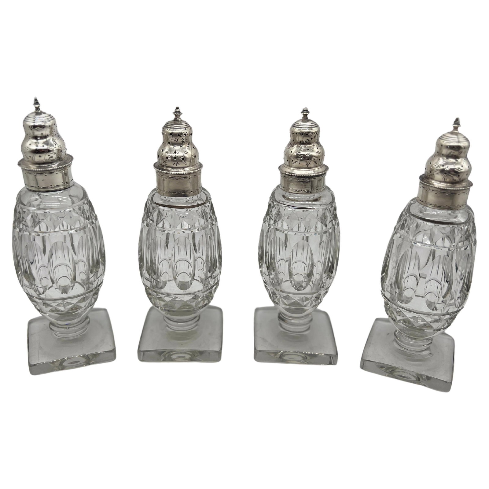 4 Piece Georgian Silver and Cut Crystal Salt Pepper Shaker Set: 4 Piece Georgian Silver and Cut Crystal Salt Pepper Shaker Set Elevate your dining experience with this exquisite set of 4 Georgian silver and cut crystal salt and pepper shakers. Reflecting the timel