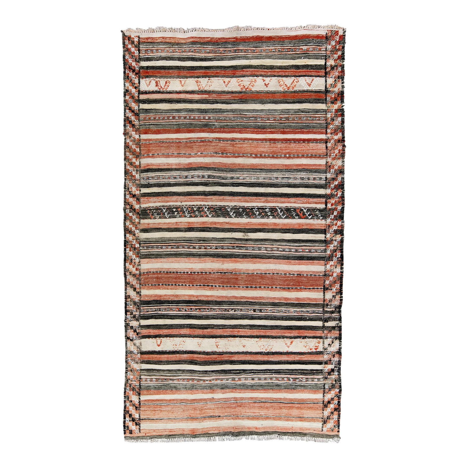 Vintage Handmade Kilim Wool Runner 4'6 x 8'4 Orange Black Stripes: Vintage Handmade Kilim Wool Runner 4'6 x 8'4 Orange Black Stripes Enhance your space with this stunning vintage Kilim handmade wool runner. Featuring a beige field adorned with vibrant orange and blac