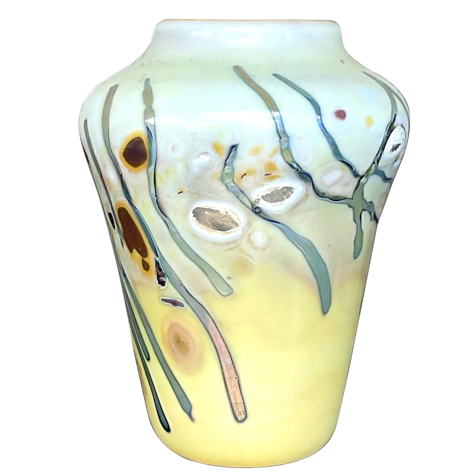 Vintage Boho Abstract Art Glass Vase Light Yellow 5.25in (1 of 7)