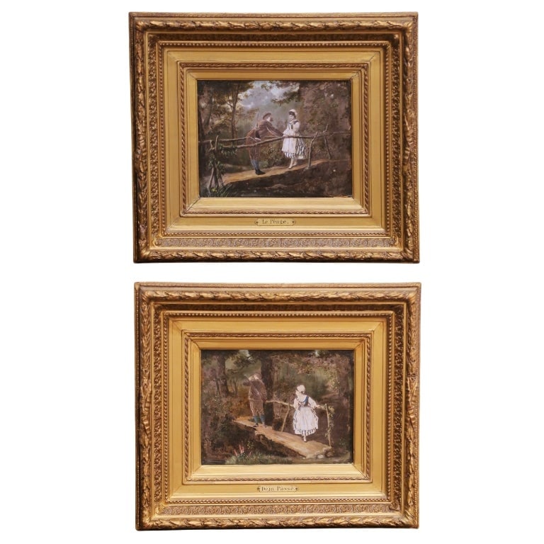Set of Two Antique French Genre Paintings on Board in Gilt Carved Frames (1 of 15)