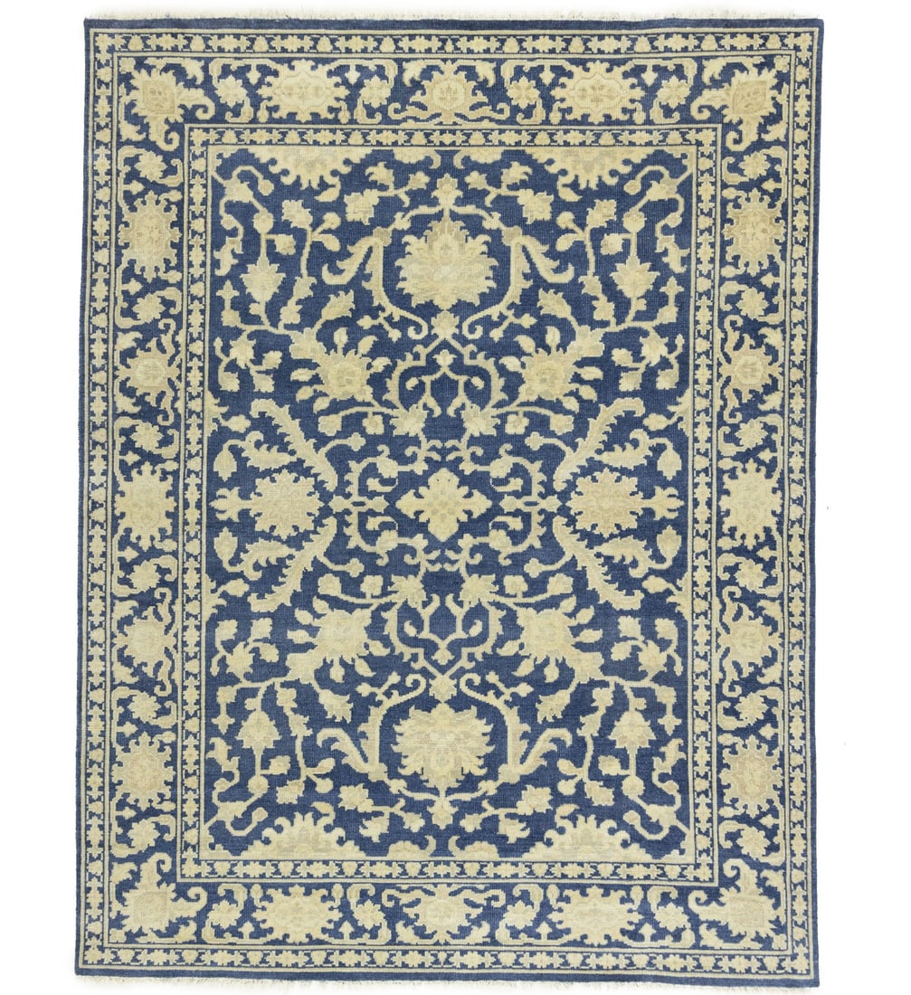 Handmade 8x10 ft Floral Transitional Wool Area Rug Blue Cream: Handmade 8x10 ft Floral Transitional Wool Area Rug Blue Cream Enhance your living space with this exquisite 8x10 ft Handmade Floral Transitional Rug, featuring a harmonious blend of muted blue, cream,