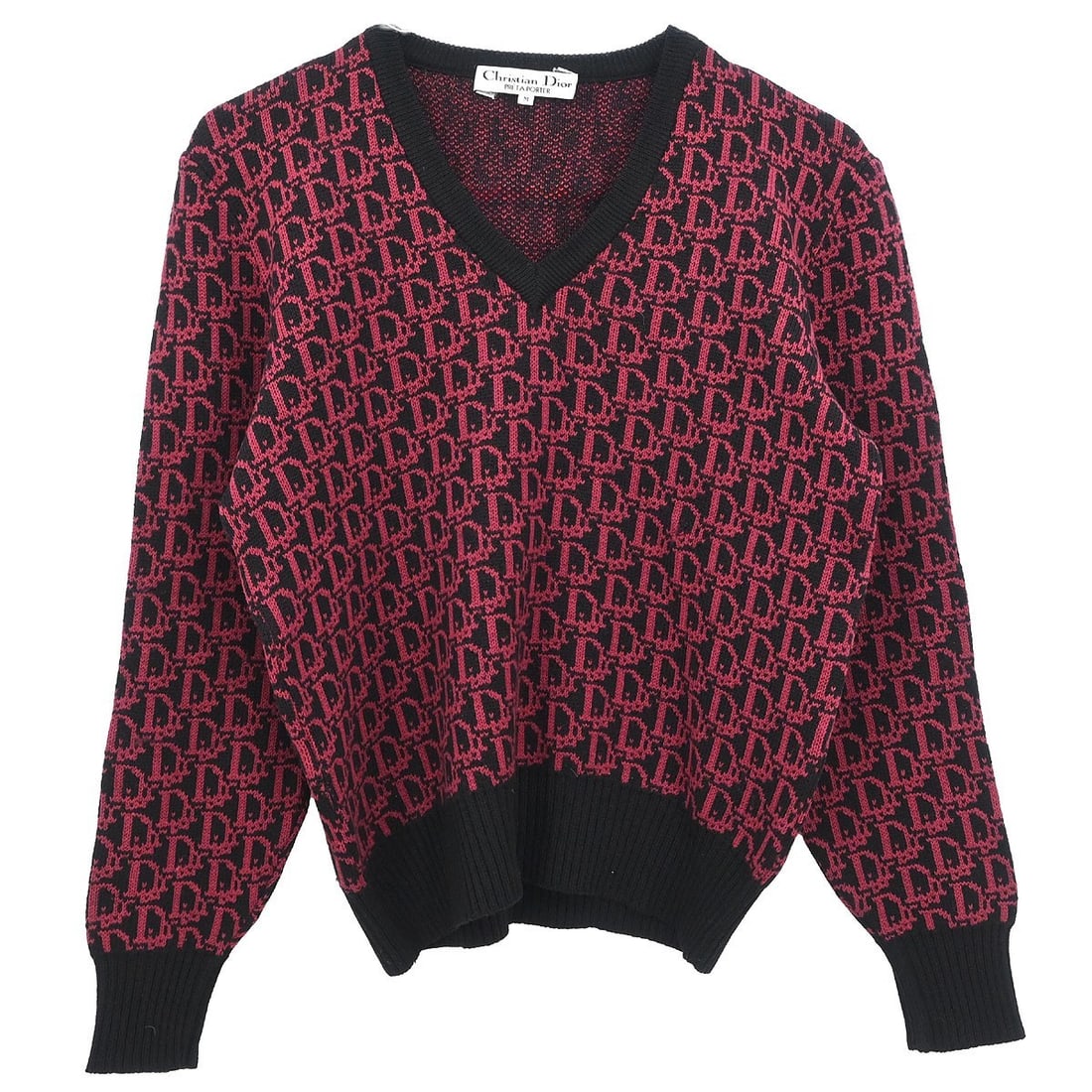 Dior Trotter Wool Long Sleeve V-Neck Top Black Pink Size M: Dior Trotter Wool Long Sleeve V-Neck Top Black Pink Size M This Christian Dior Trotter sweater features a stylish V-neck and long sleeves, designed in black with pink accents and the signature logo. M