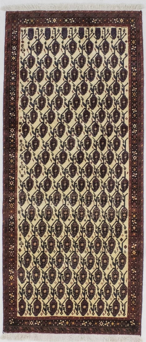 Vintage Handmade Wool Oriental Rug 3'5 x 8'2 Floral Tribal Design: Vintage Handmade Wool Oriental Rug 3'5 x 8'2 Floral Tribal Design This vintage handmade Oriental rug features an allover paisley design crafted from high-quality wool. Measuring 3'5" x 8'2" (98" x 41"