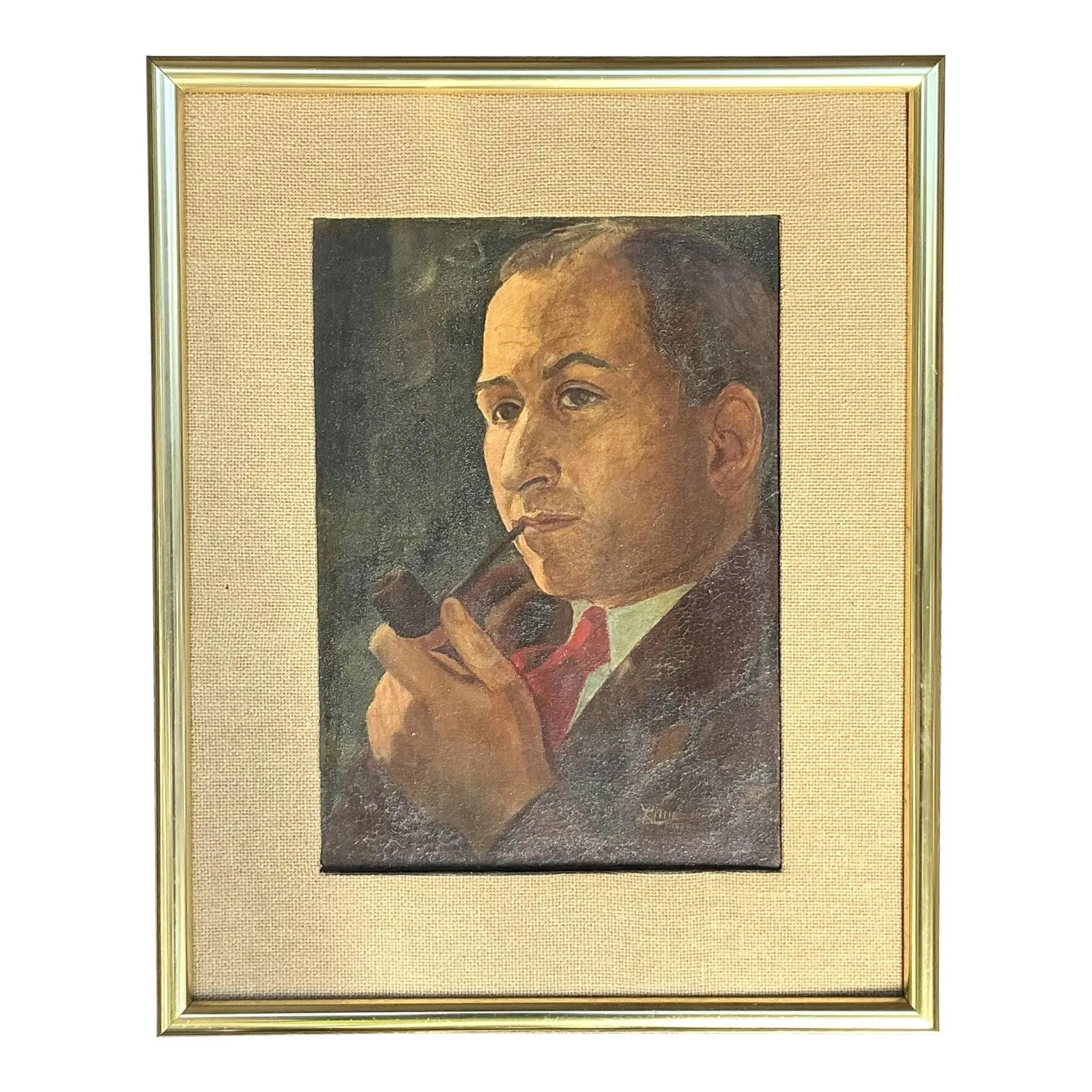 Vintage Oil Portrait of Gentleman with Pipe in Gold Frame (1 of 5)