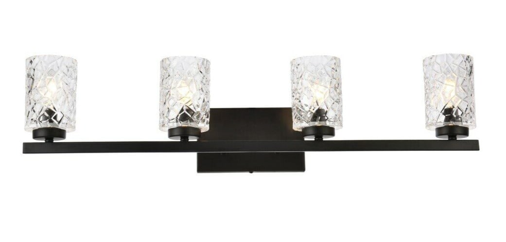 Cassie 4 Light Black Wall Sconce with Glass Shades 32 Inch Modern Fixture: Cassie 4 Light Black Wall Sconce with Glass Shades 32 Inch Modern Fixture This modern wall sconce features a black steel and iron frame with clear glass cylindrical shades, designed for indoor install