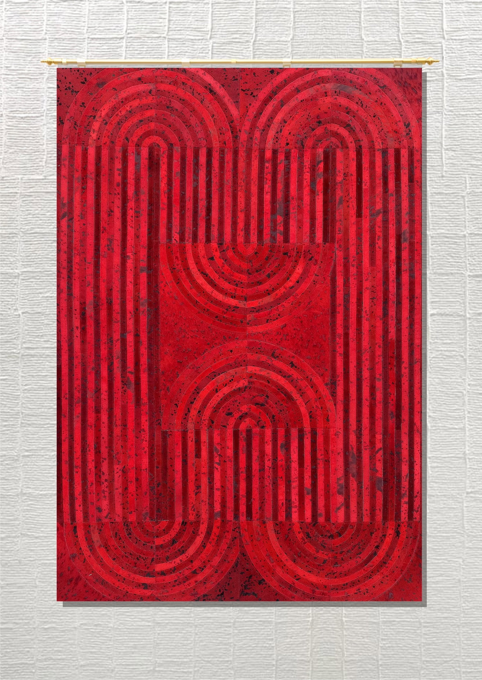 Handmade Ruby Red Geometric Archway Mosaic Cowhide Leather Area Rug 3FT x 5FT (1 of 1)