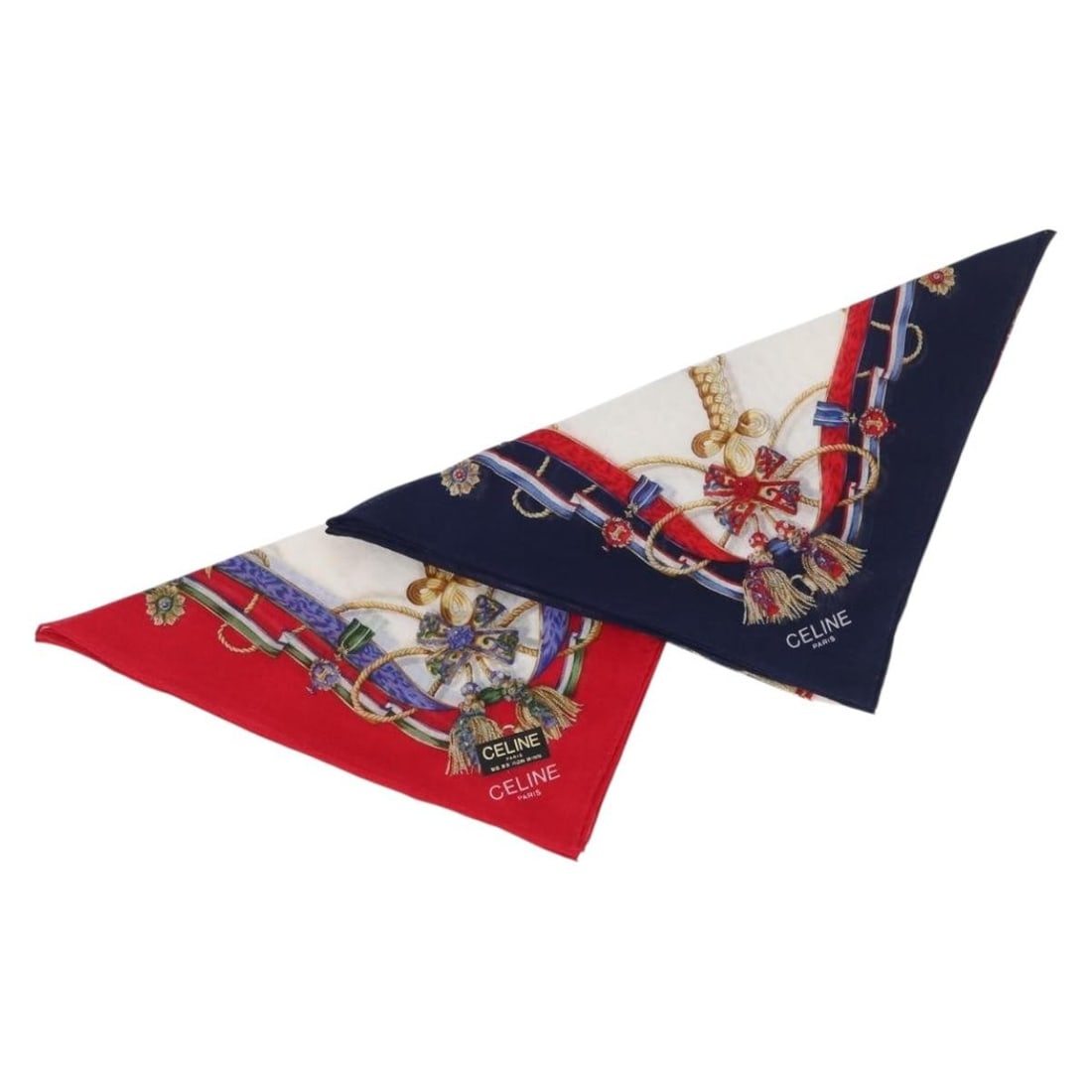 Two-Piece Cotton Handkerchief Set in Navy and Red by CELINE: Two-Piece Cotton Handkerchief Set in Navy and Red by CELINE This is a set of two CELINE handkerchiefs crafted from cotton in navy and red. These un-used handkerchiefs are presented in excellent condit