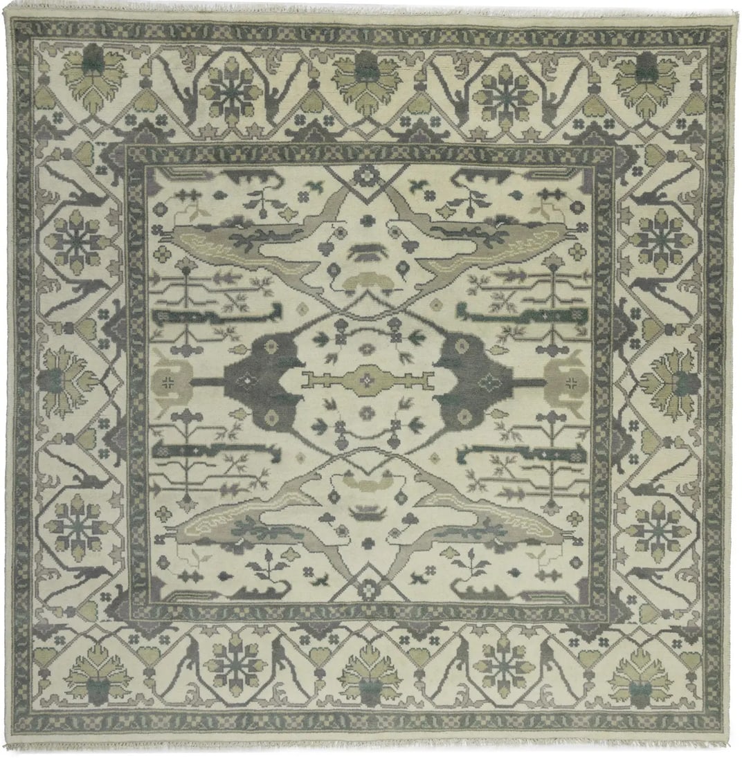 Square Hand-Knotted Wool Oushak Rug Floral Pattern 7'11 x 7'11 Living Room Carpet: Square Hand-Knotted Wool Oushak Rug Floral Pattern 7'11 x 7'11 Living Room Carpet This handmade Oushak-style square rug features a floral design in muted tones of cream, taupe, buff, and beige. Crafte