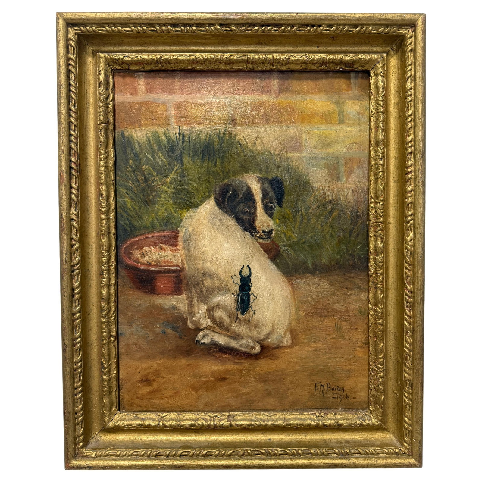 Primitive Style 1906 Dog and Beetle Painting by F M Bailey Framed (1 of 10)