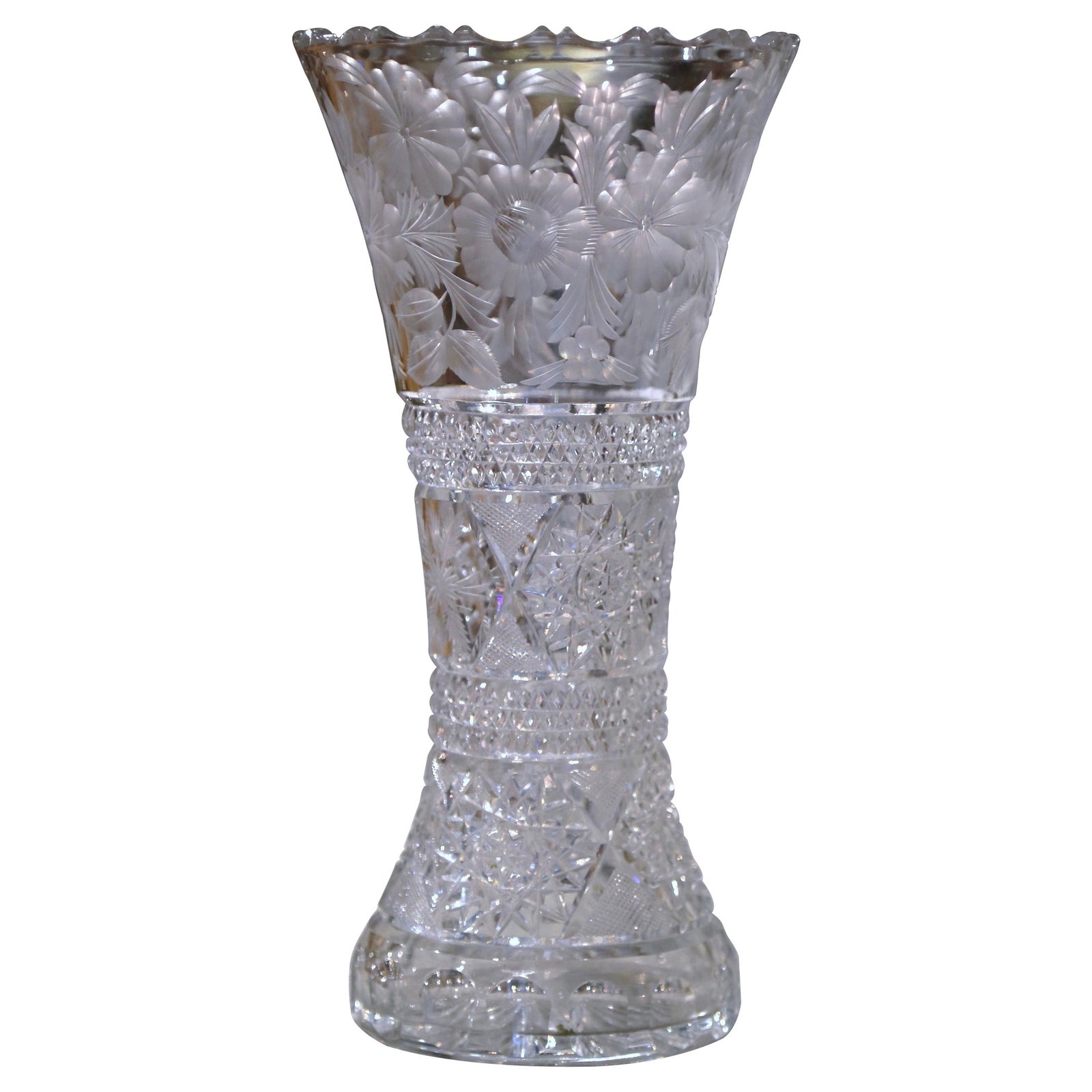 French Crystal Trumpet Vase with Etched Star and Floral Designs 12 Inch (1 of 8)