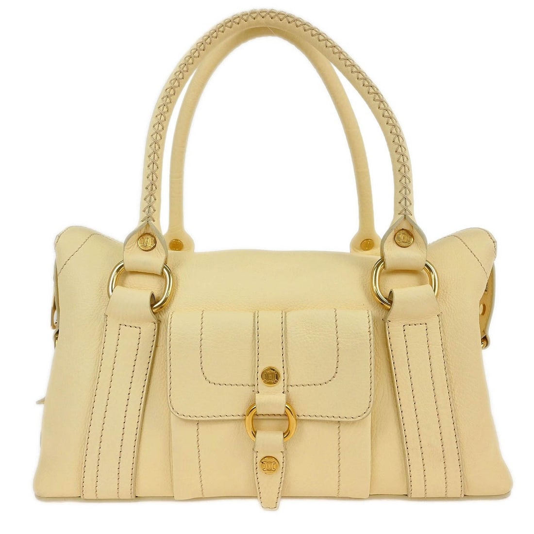 Celine Leather Handbag Ecru 36cm by 21cm by 14cm: Celine Leather Handbag Ecru 36cm by 21cm by 14cm This pre-owned Celine handbag for women is crafted from leather in an ecru color. It features a stylish design with dimensions of 36cm by 21cm by 14cm.