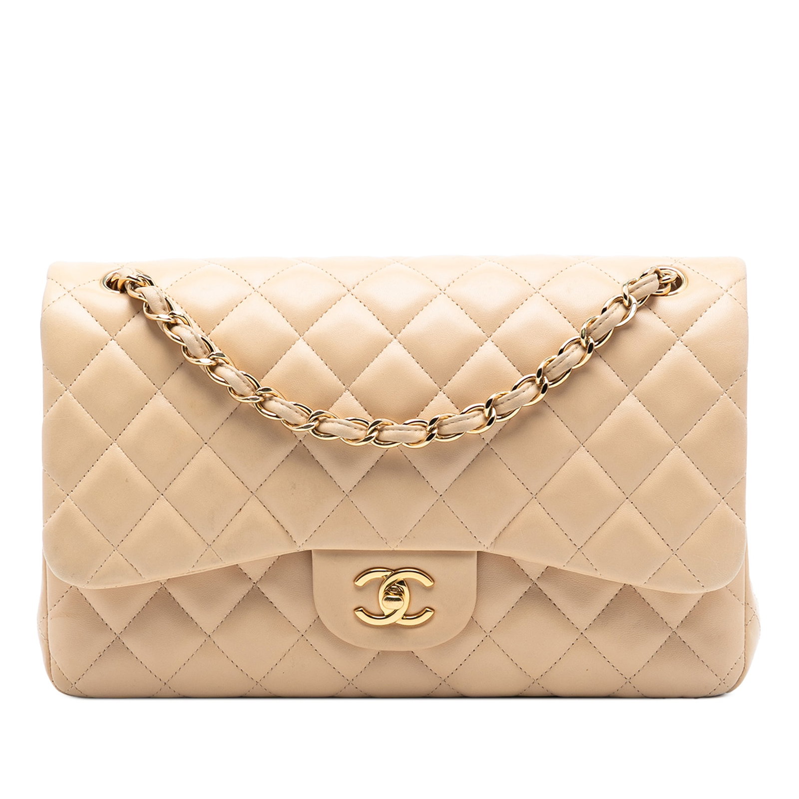 Beige Chanel Lambskin Jumbo Double Flap Shoulder Bag with Chain Strap: Beige Chanel Lambskin Jumbo Double Flap Shoulder Bag with Chain Strap This Chanel Jumbo Classic Double Flap bag is crafted from beige lambskin leather and features chain straps, a front flap with inte