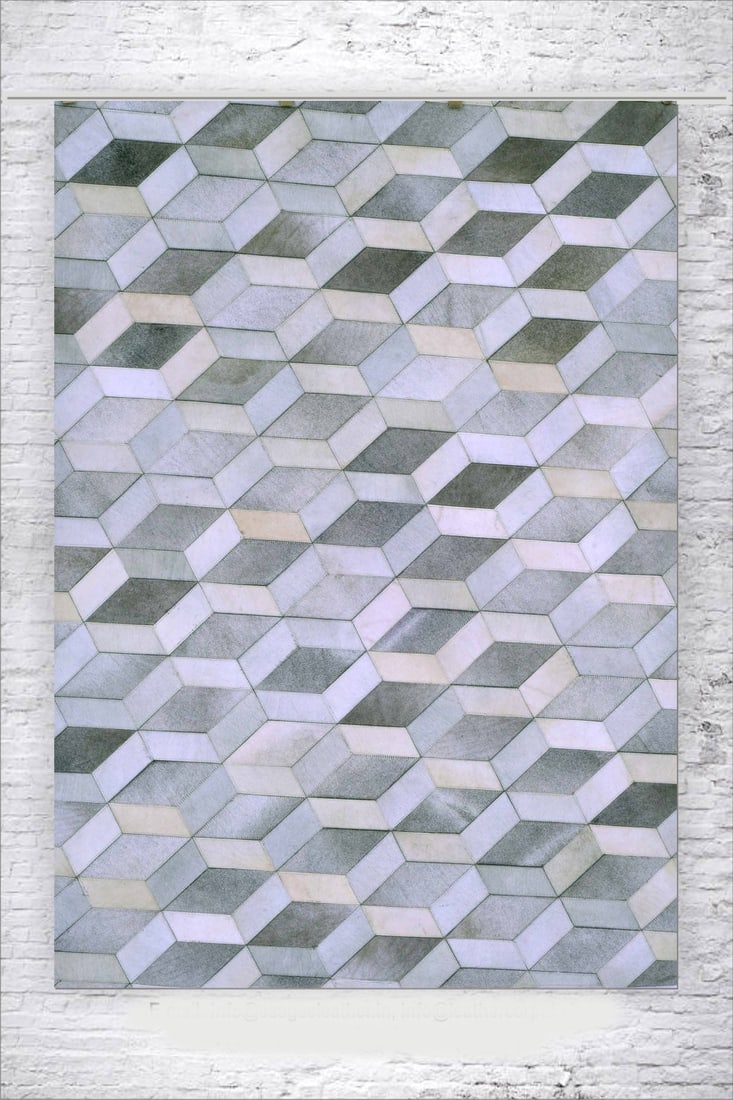 Handcrafted 3D Cube Geometric Cowhide Leather Carpet in Slate and Pearl 3ft x 5ft (1 of 1)