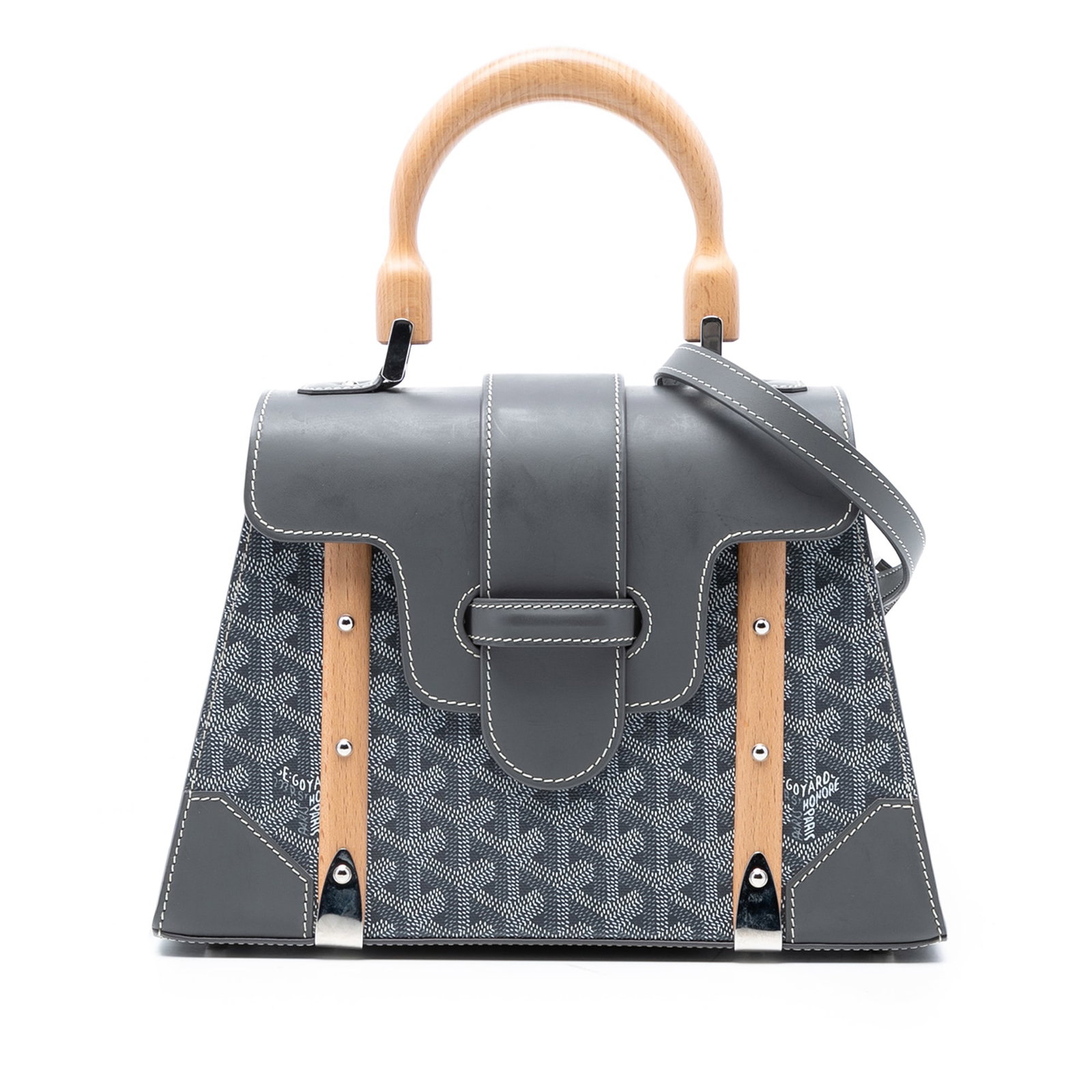 Goyard Goyardine Saigon PM Gray Canvas Bag with Leather and Wood Handle (1 of 7)