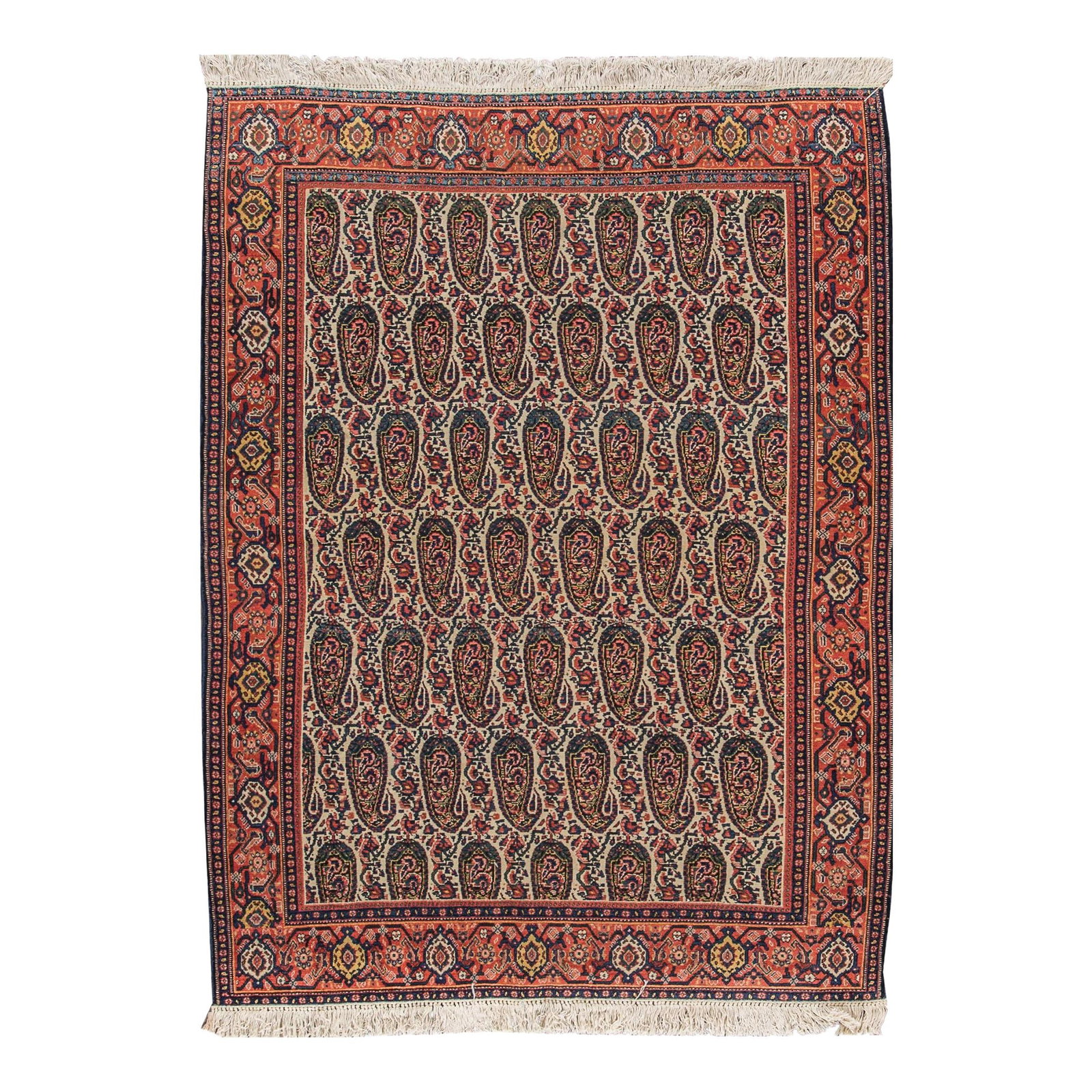 1920s Antique Persian Senneh Wool Rug 4'2 x 6'3 Tan Tribal Design: 1920s Antique Persian Senneh Wool Rug 4'2 x 6'3 Tan Tribal Design This exquisite antique Persian Senneh rug showcases a hand-knotted wool construction with a warm tan field. Its design features an int