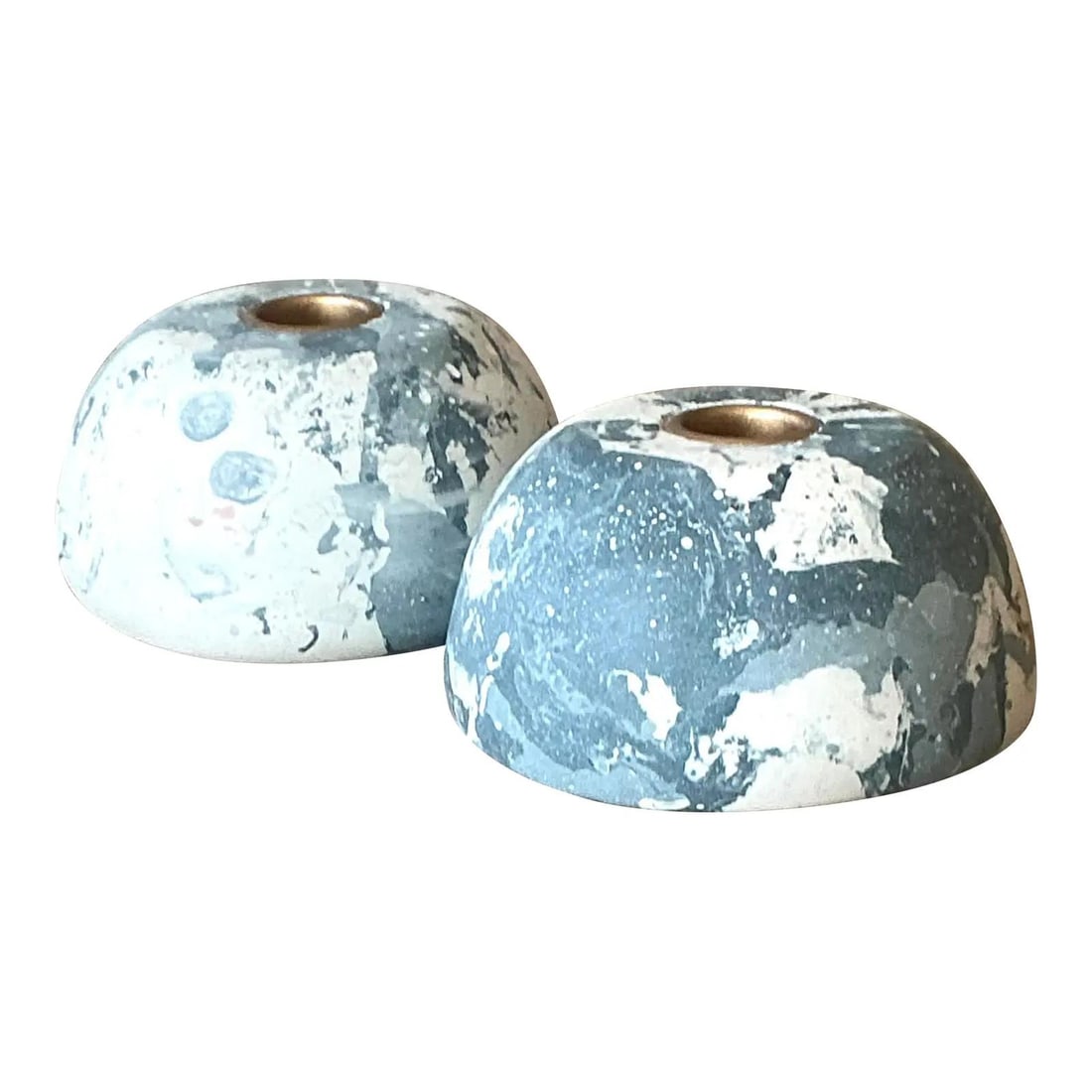 Set of 2 Scagliola Low Dome Candle Holders Faux Marble Vintage Boho (1 of 10)