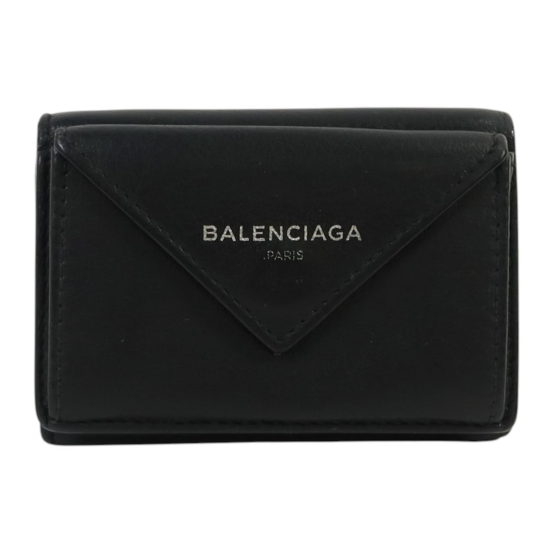 Balenciaga Black Calfskin Tri-Fold Wallet with Silver Hardware: Balenciaga Black Calfskin Tri-Fold Wallet with Silver Hardware This Balenciaga tri-fold wallet is crafted from black calfskin leather and features a classic, versatile design suitable for both men and