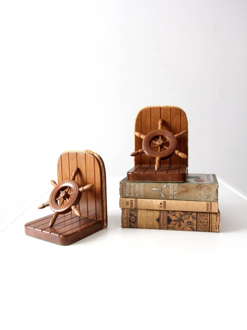 Vintage Nautical Ship Wheel Bookends Wooden Decor (1 of 13)