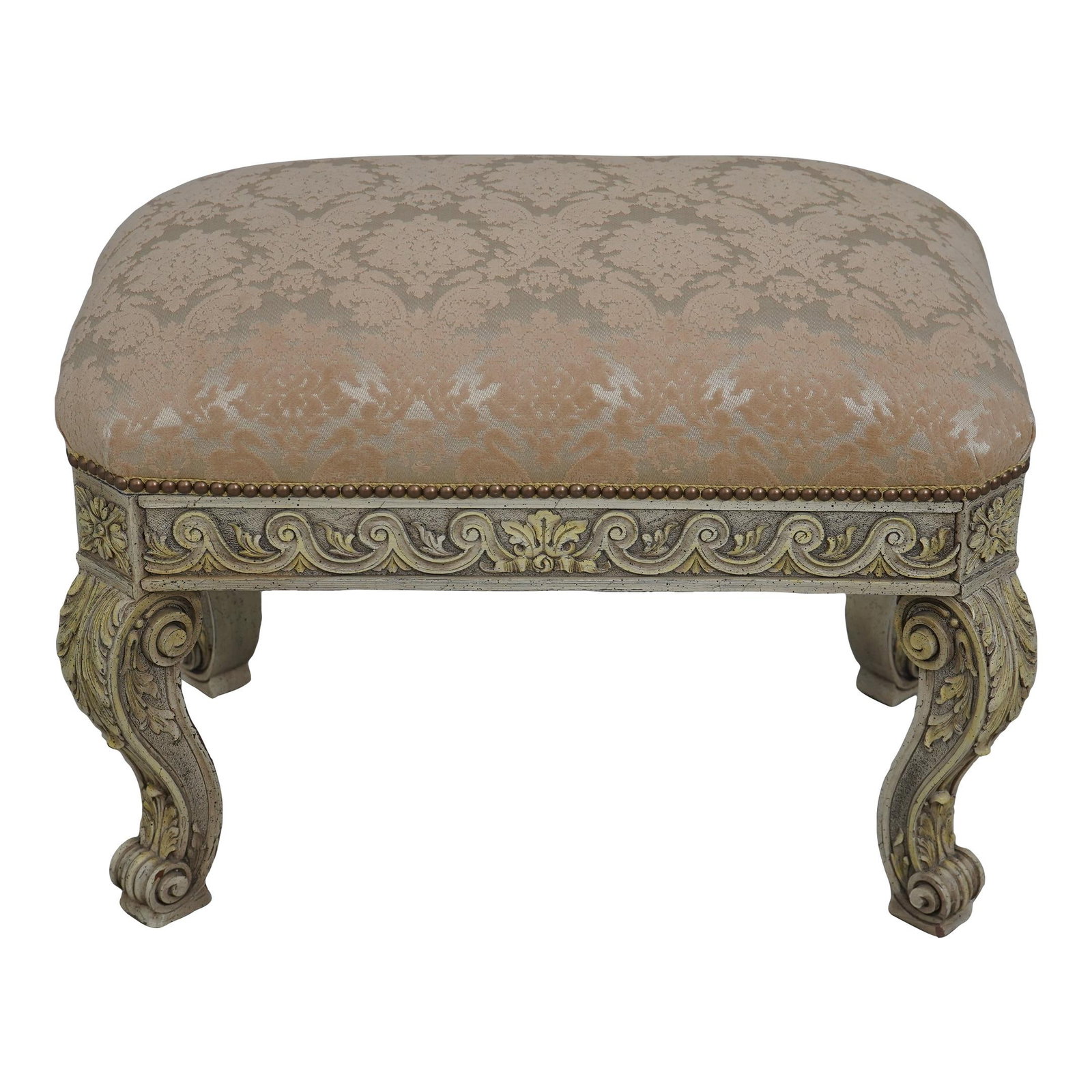 Weiman Georgian Style Carved Upholstered Bench with Gold Damask (1 of 10)