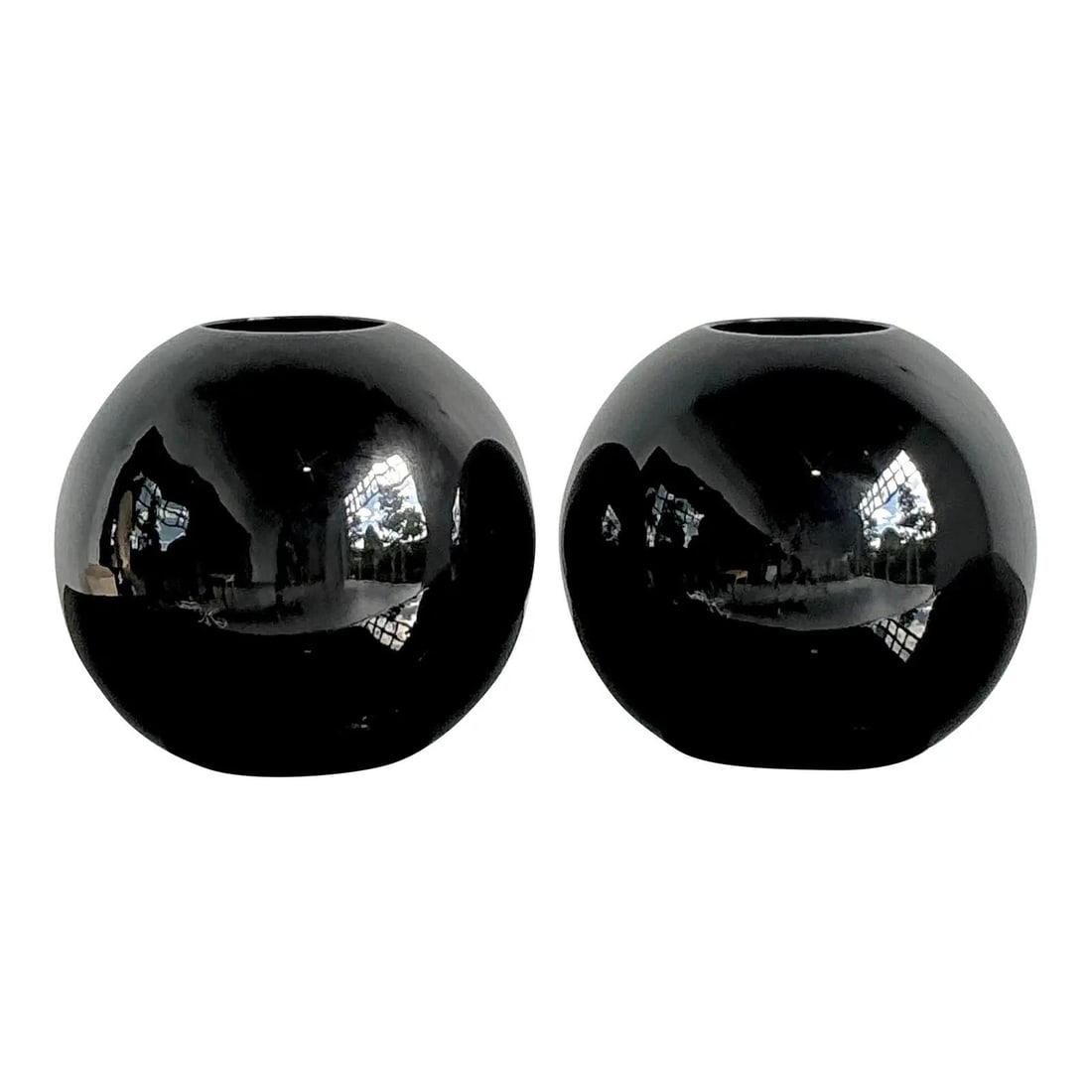Pair of Black Glazed Ceramic Spherical Vases Minimalist Postmodern Design (1 of 8)