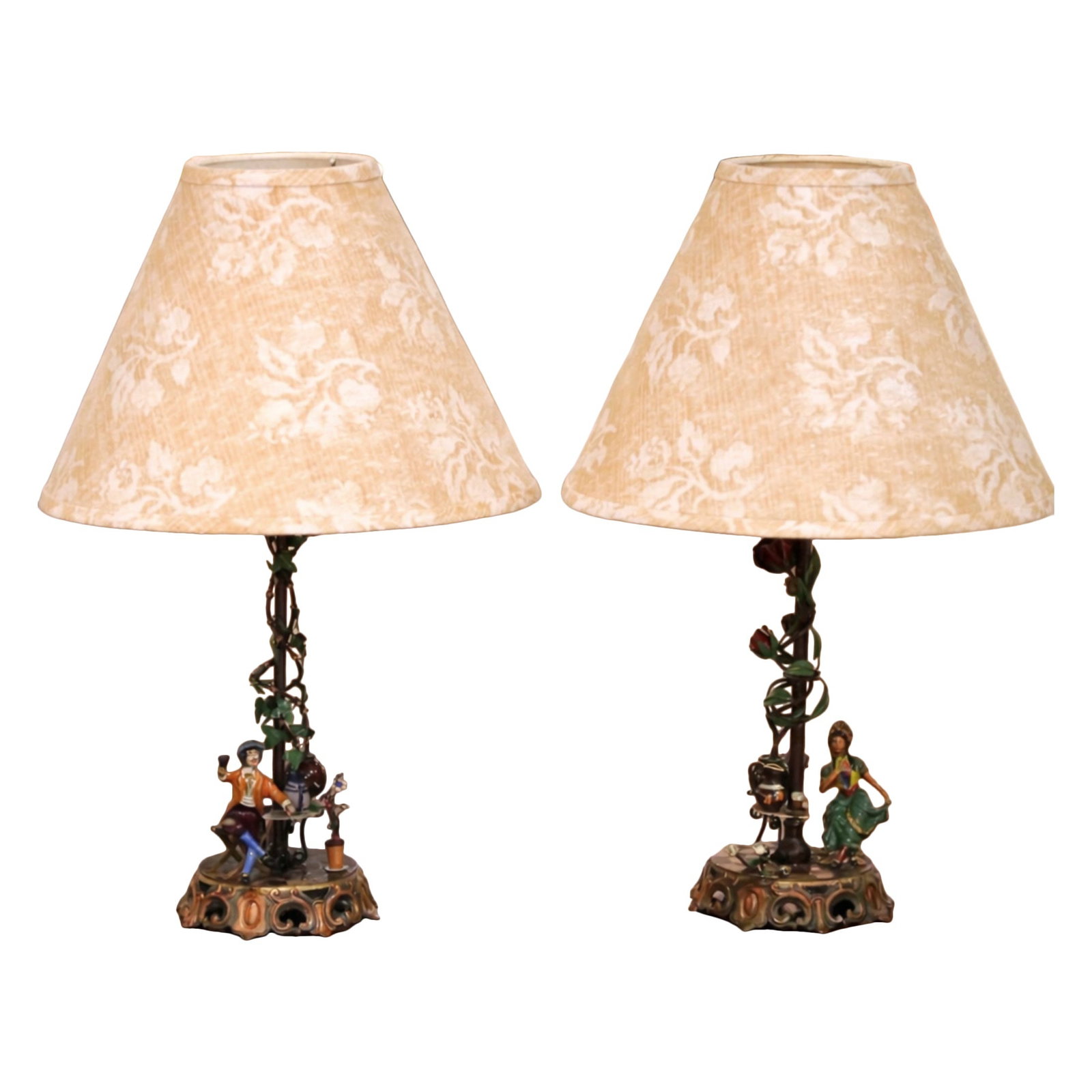 Pair of French 1950s Hand-Painted Figural Iron Table Lamps With Shades: Pair of French 1950s Hand-Painted Figural Iron Table Lamps With Shades This pair of mid-century French table lamps, crafted circa 1950, features hand-painted iron bases with charming figural scenes--o