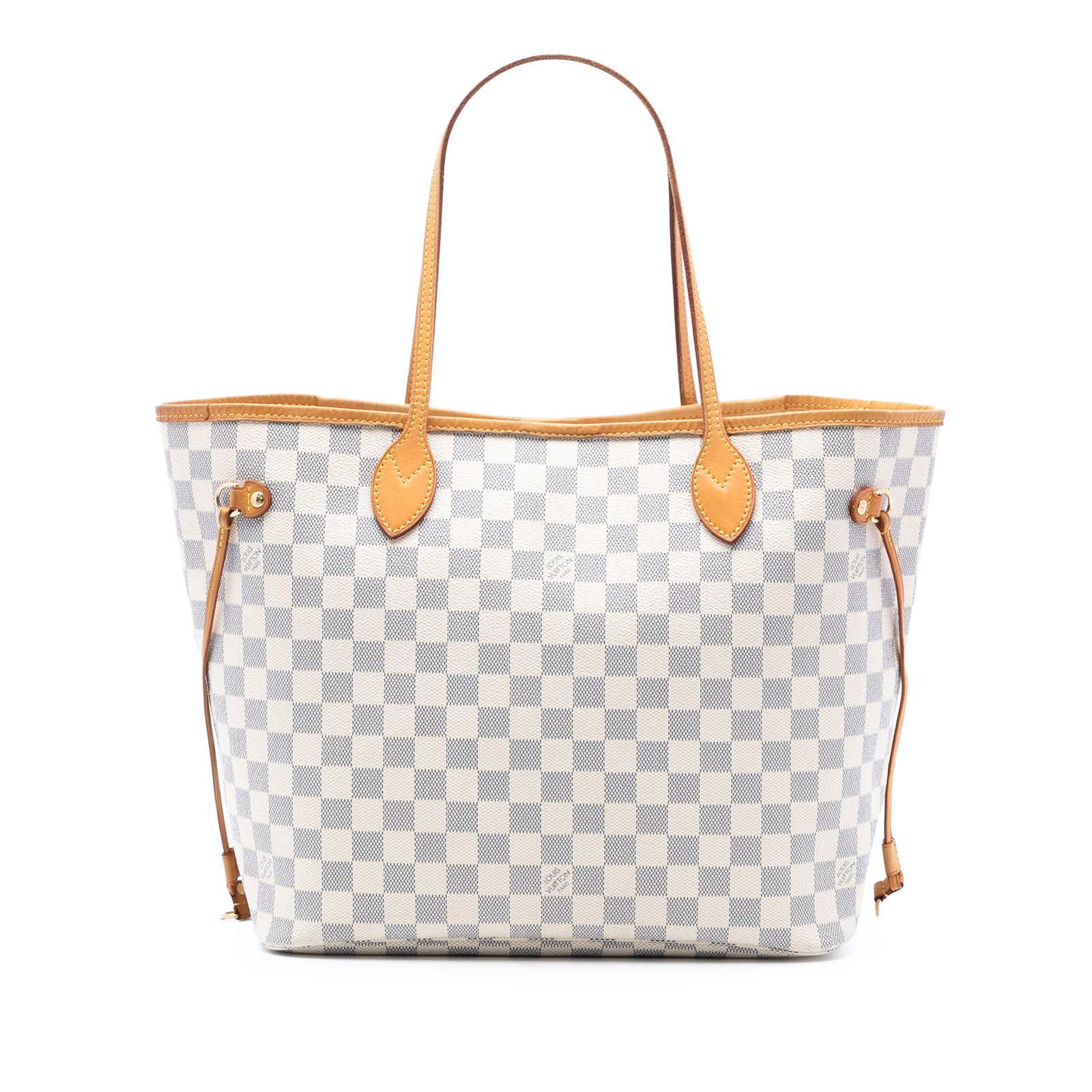 Louis Vuitton Neverfull MM Tote in Damier Azur Canvas: Louis Vuitton Neverfull MM Tote in Damier Azur Canvas The Louis Vuitton Damier Azur Neverfull MM is crafted in Damier Azur canvas and features flat leather handles, an open top with a lobster claw cla
