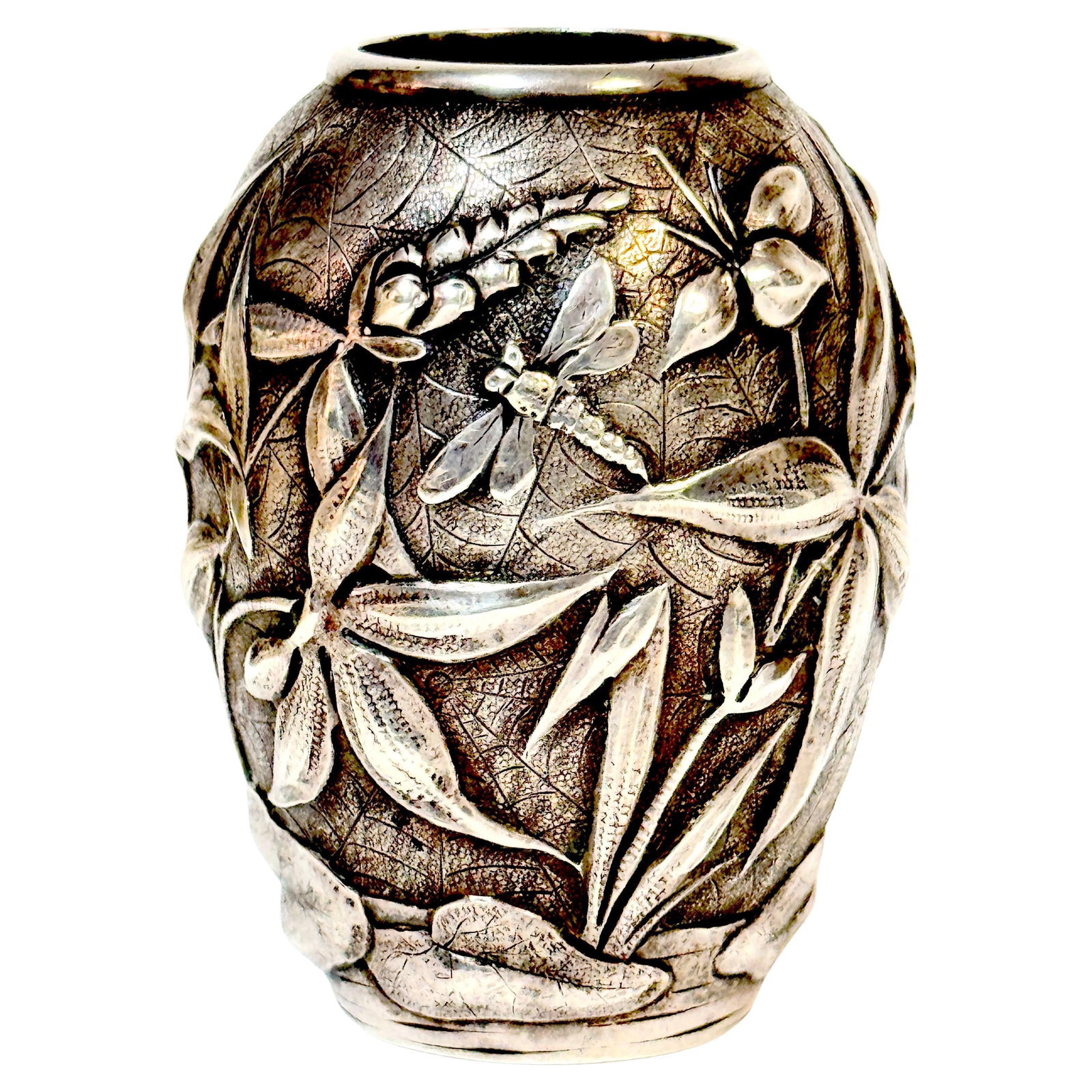 Dominic & Haff Japonisme Sterling Silver Cabinet Vase Dragonfly Design: Dominic & Haff Japonisme Sterling Silver Cabinet Vase Dragonfly Design This exceptional Dominic & Haff sterling silver cabinet vase is a stunning representation of Japonisme-inspired design from the l