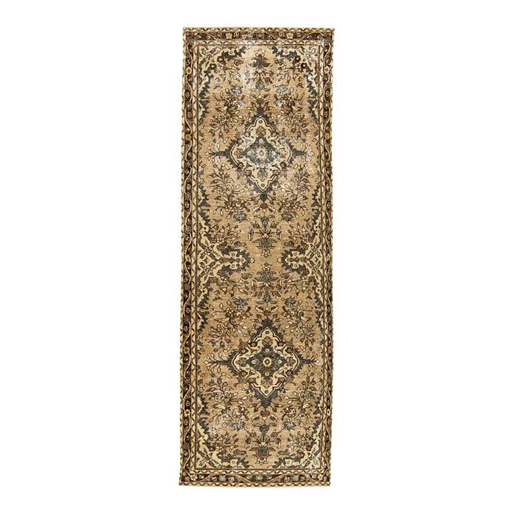 Vintage Persian Handmade Wool Runner Tan 3'4 x 10'2 Geometric Design: Vintage Persian Handmade Wool Runner Tan 3'4 x 10'2 Geometric Design This stunning vintage Persian runner showcases a distressed hand-knotted wool construction, featuring a beautiful tan field adorned