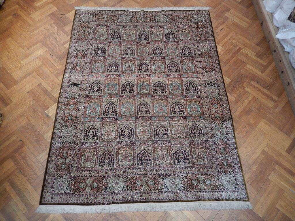 Authentic Persian Qom Silk Rug 8.2 x 10.10 Feet High-End: Authentic Persian Qom Silk Rug 8.2 x 10.10 Feet High-End Free continental US Shipping Experience luxury with this high-end authentic Persian Qom silk rug, measuring 8.2 x 10.10 feet. This exquisite pi